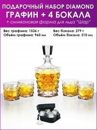 Подарочный набор для виски DIAMOND 6 в 1, Графин-декантер, бокалы, форма для льда "Сфера", для крепких напитков